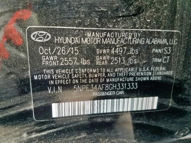 5NPE34AF8GH331333 - 2016 HYUNDAI SONATA SPO BLACK photo 10