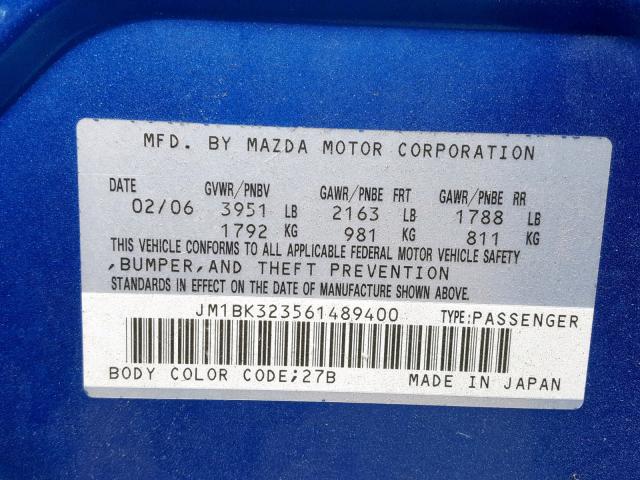 JM1BK323561489400 - 2006 MAZDA 3 S BLUE photo 10