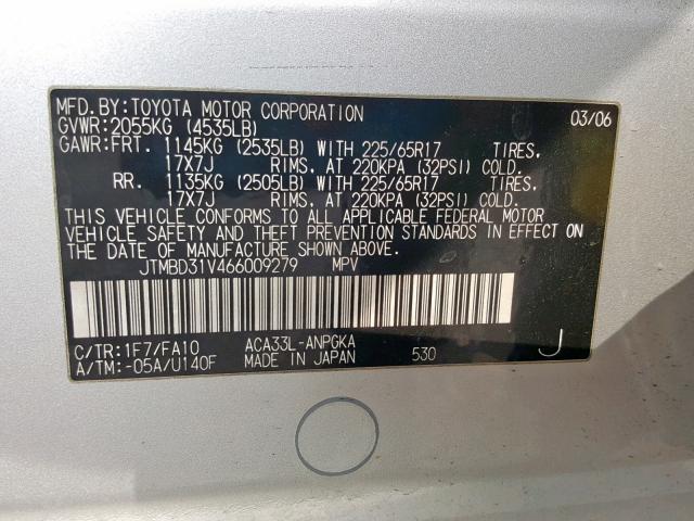 JTMBD31V466009279 - 2006 TOYOTA RAV4 LIMIT SILVER photo 10