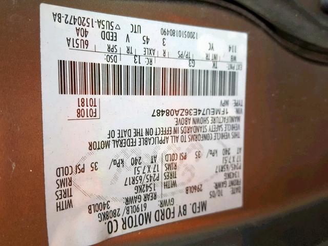 1FMEU74E36ZA08487 - 2006 FORD EXPLORER E TAN photo 10