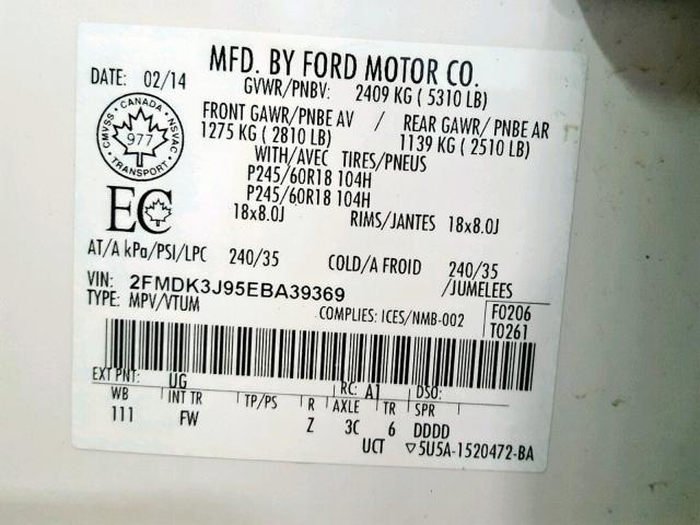 2FMDK3J95EBA39369 - 2014 FORD EDGE SEL WHITE photo 10