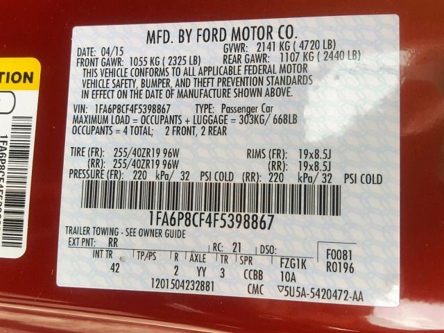 1FA6P8CF4F5398867 - 2015 FORD MUSTANG GT RED photo 10