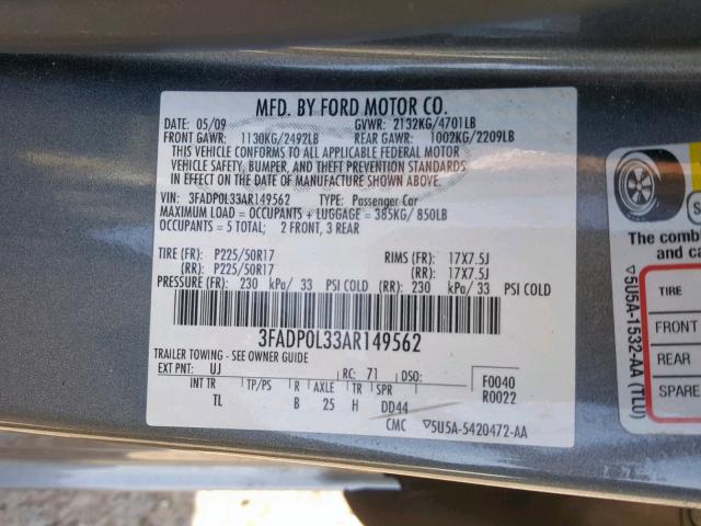 3FADP0L33AR149562 - 2010 FORD FUSION HYB CHARCOAL photo 10