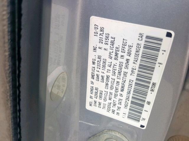 1HGCP26418A032672 - 2008 HONDA ACCORD LXP SILVER photo 10