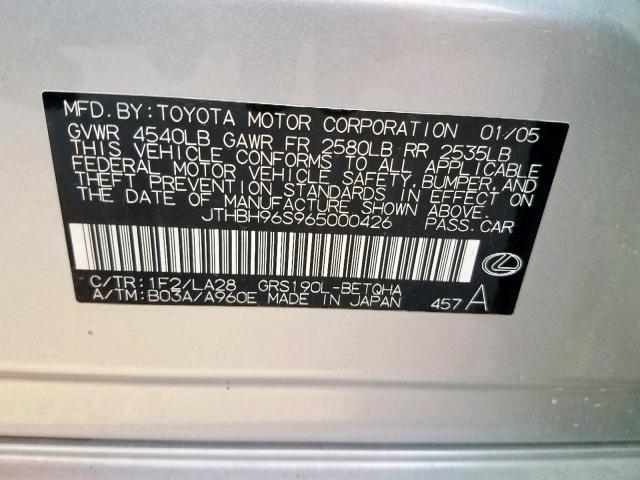 JTHBH96S965000426 - 2006 LEXUS GS 300 SILVER photo 10