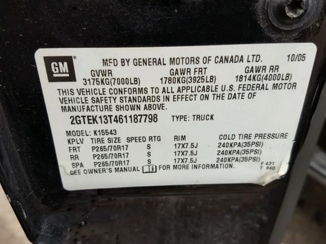 2GTEK13T461187798 - 2006 GMC NEW SIERRA BLACK photo 10