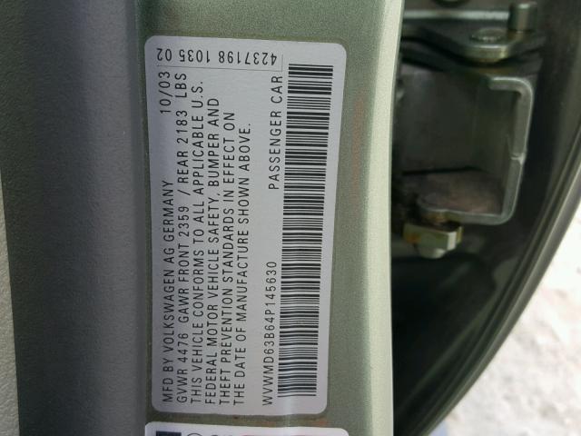 WVWMD63B64P145630 - 2004 VOLKSWAGEN PASSAT GL GREEN photo 10