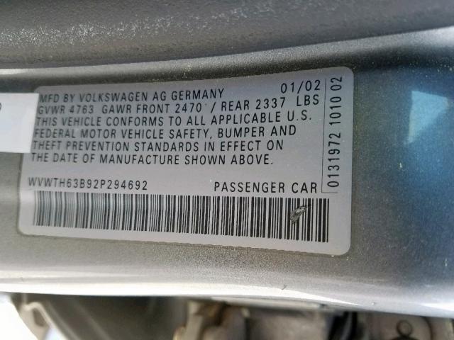 WVWTH63B92P294692 - 2002 VOLKSWAGEN PASSAT GLX GRAY photo 10