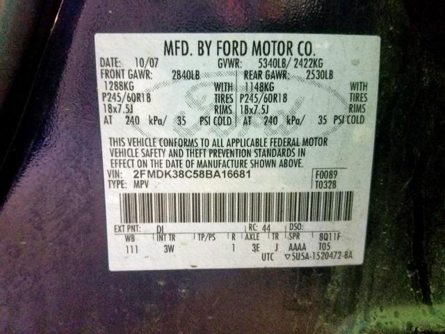 2FMDK38C58BA16681 - 2008 FORD EDGE SEL BLUE photo 10