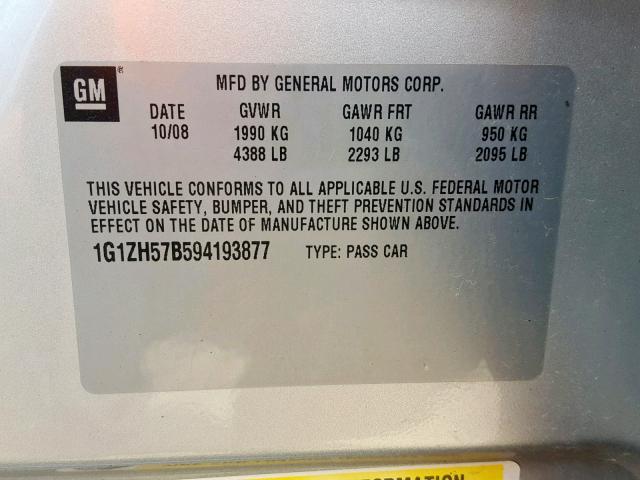 1G1ZH57B594193877 - 2009 CHEVROLET MALIBU 1LT 银色 照片 10