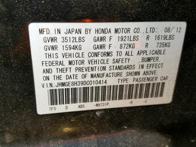 JHMGE8H39DC010414 - 2013 HONDA FIT BLACK photo 10