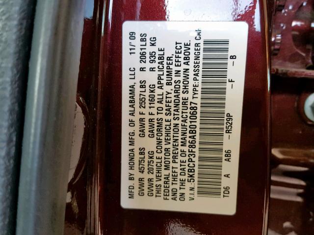 5KBCP3F86AB010687 - 2010 HONDA ACCORD EXL MAROON photo 10