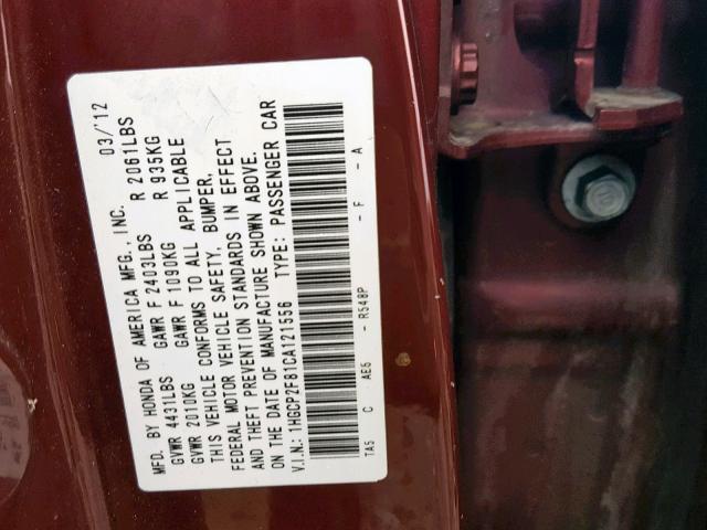 1HGCP2F81CA121556 - 2012 HONDA ACCORD EXL RED photo 10