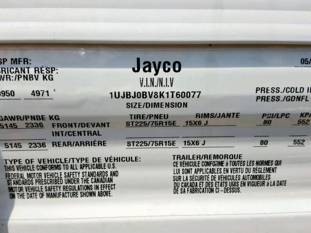 1UJBJ0BV8K1T60077 - 2019 JAYCO JAYFLIGHT  TWO TONE photo 10