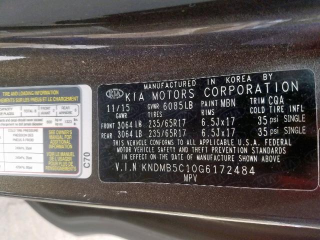 KNDMB5C10G6172484 - 2016 KIA SEDONA LX BROWN photo 10