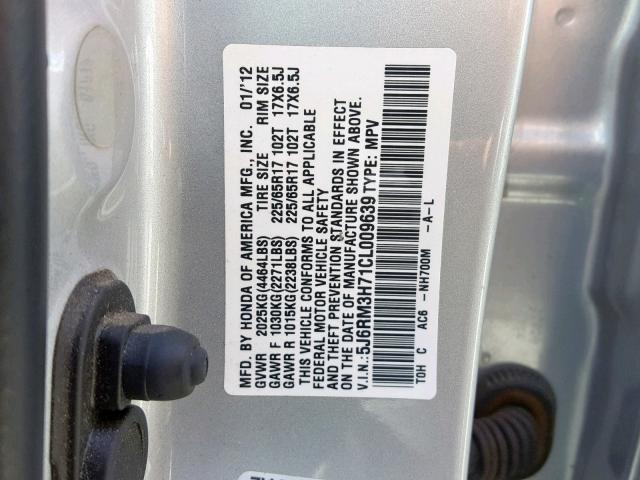 5J6RM3H71CL009639 - 2012 HONDA CR-V EXL SILVER photo 10