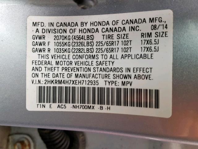 2HKRM4H7XEH712935 - 2014 HONDA CR-V EXL SILVER photo 10