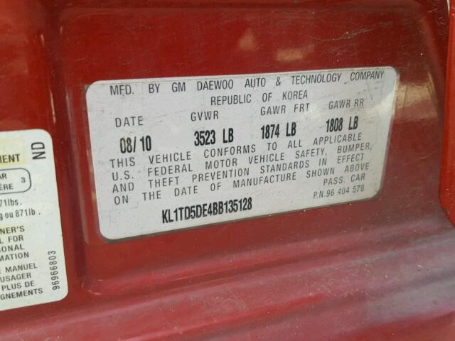 KL1TD5DE4BB135128 - 2011 CHEVROLET AVEO LS RED photo 10