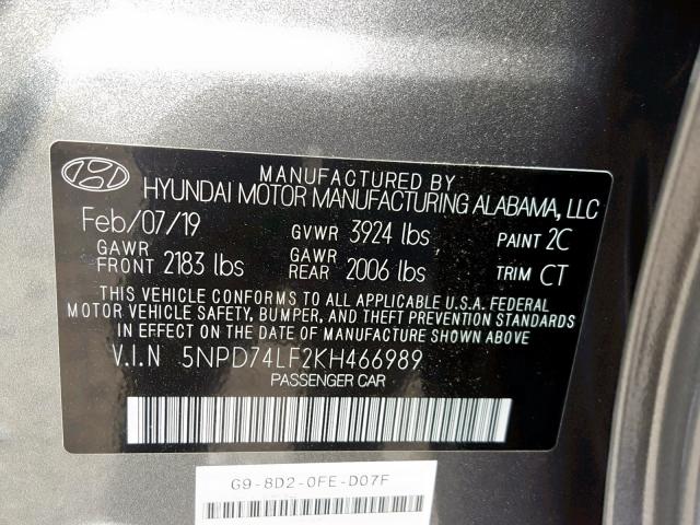 5NPD74LF2KH466989 - 2019 HYUNDAI ELANTRA SE GRAY photo 10