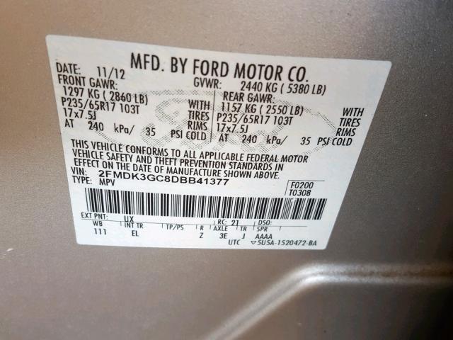 2FMDK3GC8DBB41377 - 2013 FORD EDGE SE SILVER photo 10