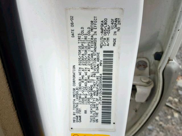 JTJHF10UX20289964 - 2002 LEXUS RX 300 WHITE photo 10