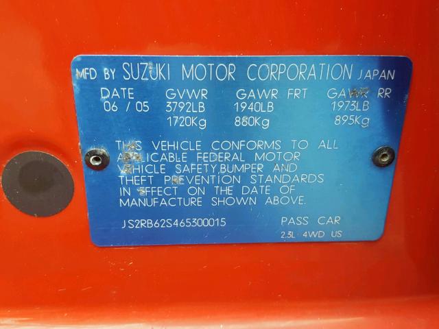 JS2RB62S465300015 - 2006 SUZUKI AERIO RED photo 10