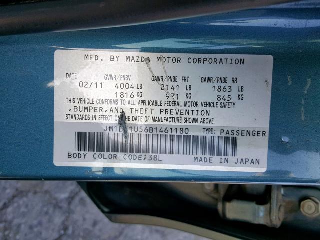 JM1BL1U56B1461180 - 2011 MAZDA 3 S TEAL photo 10