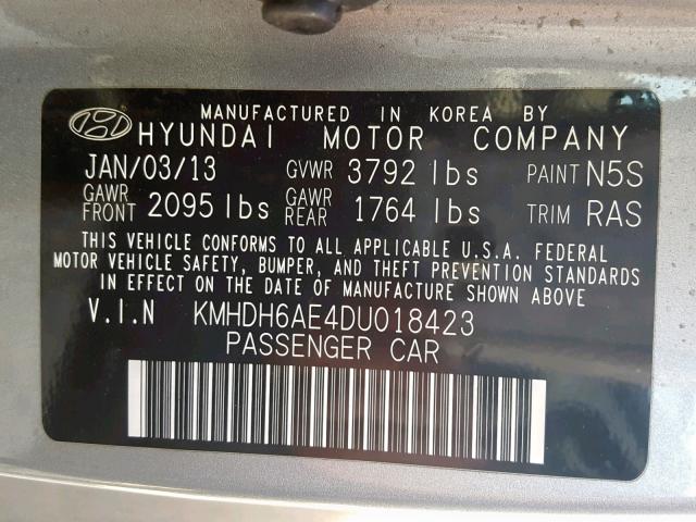 KMHDH6AE4DU018423 - 2013 HYUNDAI ELANTRA CO SILVER photo 10