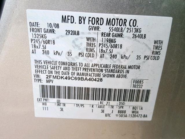 2FMDK49C69BA40428 - 2009 FORD EDGE LIMIT SILVER photo 10