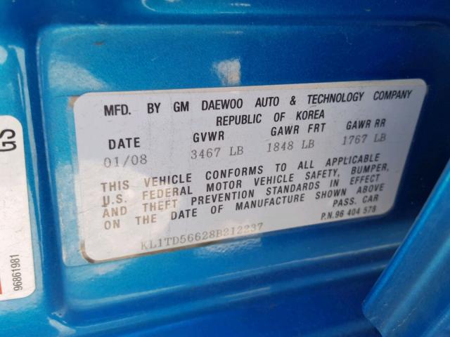 KL1TD56628B212237 - 2008 CHEVROLET AVEO BASE Көк фото 10