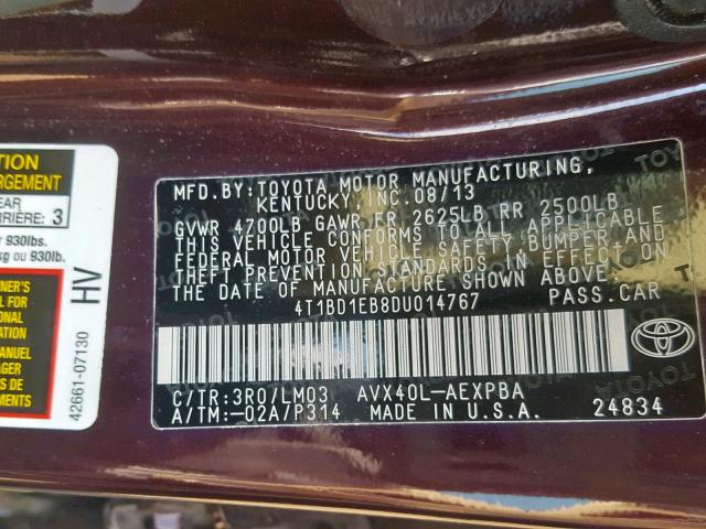 4T1BD1EB8DU014767 - 2013 TOYOTA AVALON HYB BURGUNDY photo 10