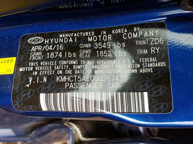 KMHCT5AE0GU287432 - 2016 HYUNDAI ACCENT SE BLUE photo 10