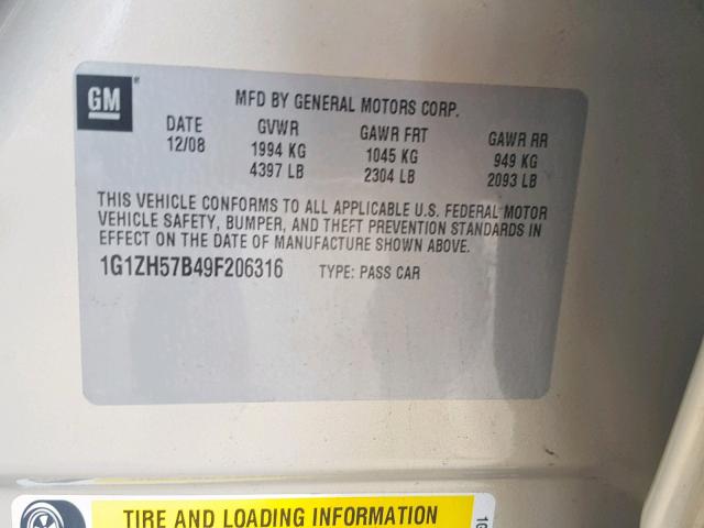 1G1ZH57B49F206316 - 2009 CHEVROLET MALIBU 1LT 金色 照片 10