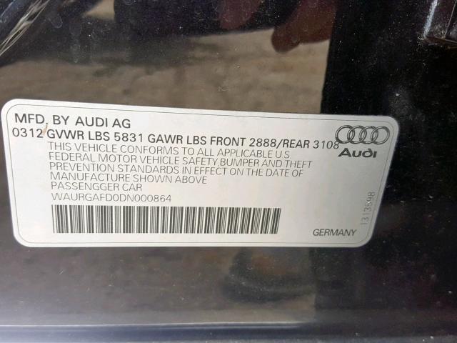 WAURGAFD0DN000864 - 2013 AUDI A8 L QUATT BLACK photo 10