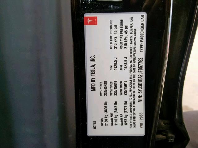 5YJ3E1EA2JF057762 - 2018 TESLA MODEL 3 BLACK photo 10