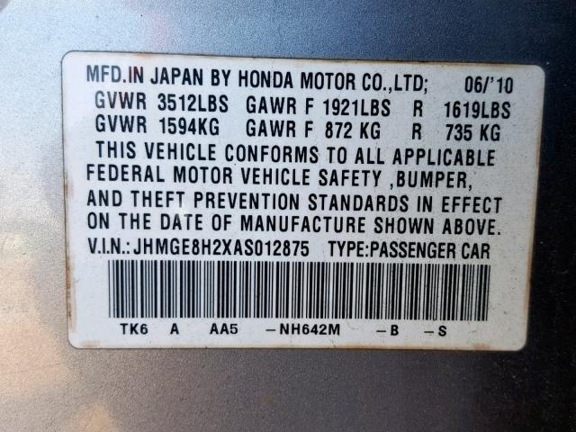 JHMGE8H2XAS012875 - 2010 HONDA FIT SILVER photo 10