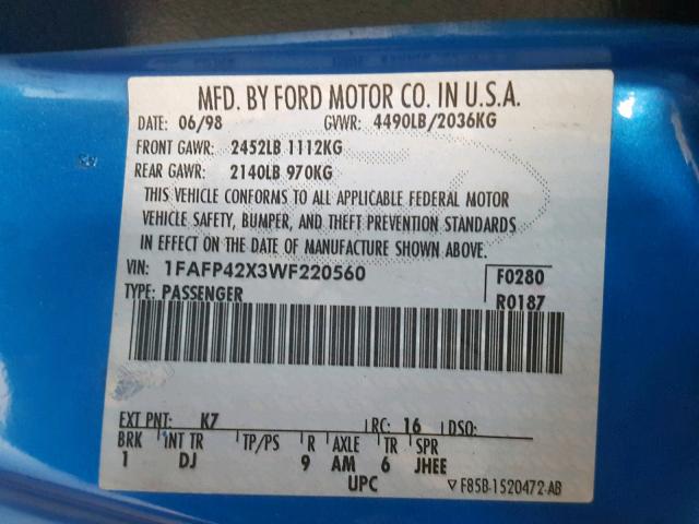 1FAFP42X3WF220560 - 1998 FORD MUSTANG GT BLUE photo 10