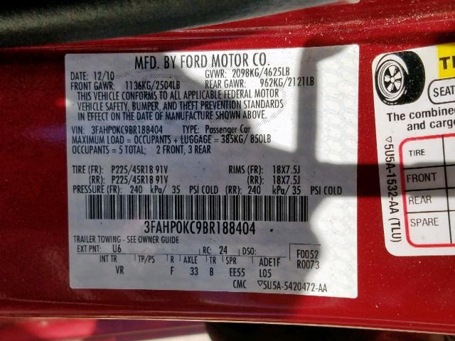 3FAHP0KC9BR188404 - 2011 FORD FUSION SPO RED photo 10