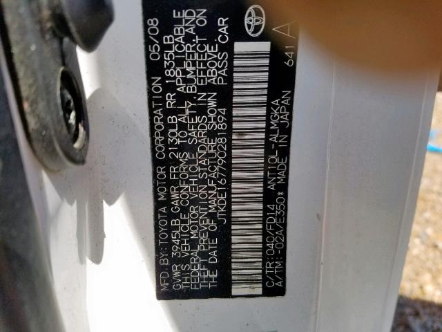 JTKDE167790281894 - 2009 TOYOTA SCION TC თეთრი ფოტო 10