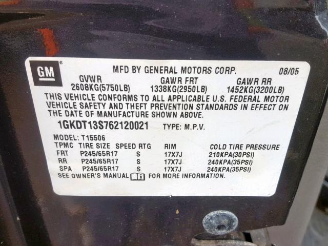 1GKDT13S762120021 - 2006 GMC ENVOY BLACK photo 10