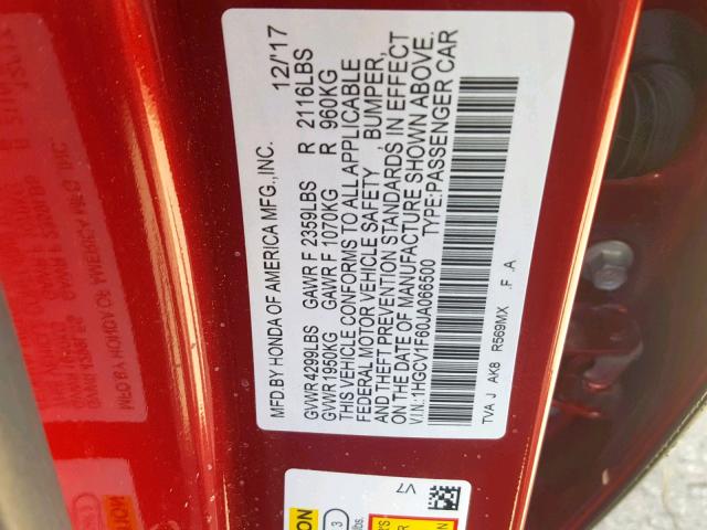 1HGCV1F60JA066500 - 2018 HONDA ACCORD EXL RED photo 10