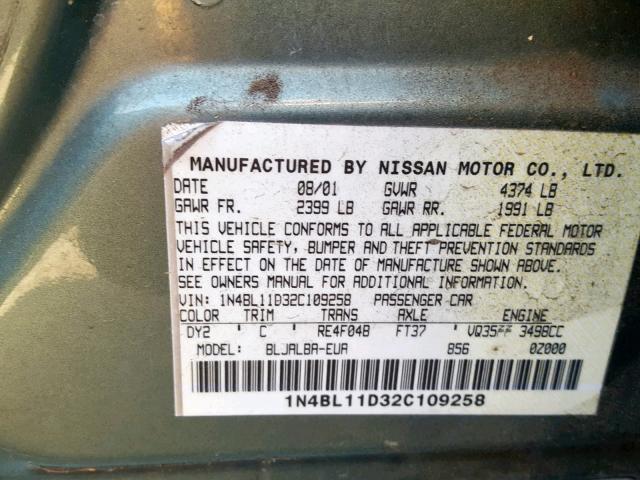 1N4BL11D32C109258 - 2002 NISSAN ALTIMA SE GREEN photo 10