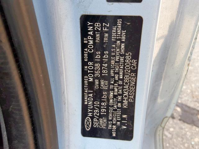 KMHCM3AC8BU200885 - 2011 HYUNDAI ACCENT GL BLUE photo 10