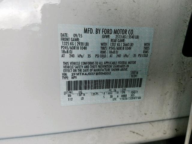 2FMTK4J9XFBB94552 - 2015 FORD EDGE SEL WHITE photo 10