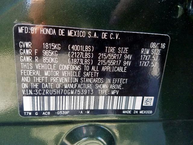 3CZRU5H70GM753913 - 2016 HONDA HR-V EXL GREEN photo 10