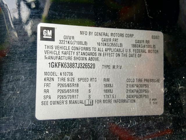 1GKFK63887J326520 - 2007 GMC YUKON DENA BLACK photo 10