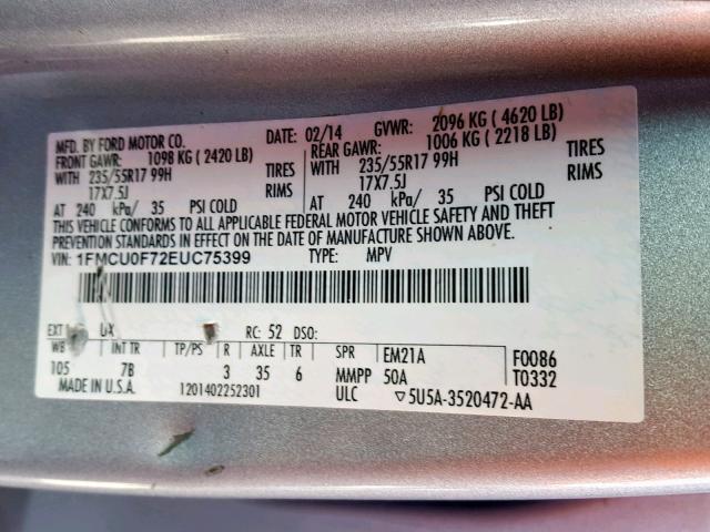 1FMCU0F72EUC75399 - 2014 FORD ESCAPE S SILVER photo 10