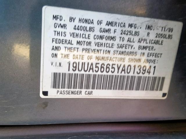 19UUA5665YA013941 - 2000 ACURA 3.2TL GRAY photo 10