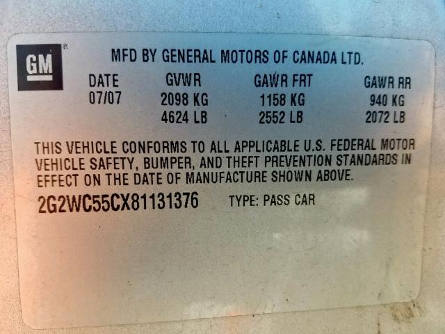 2G2WC55CX81131376 - 2008 PONTIAC GRAND PRIX SILVER photo 10