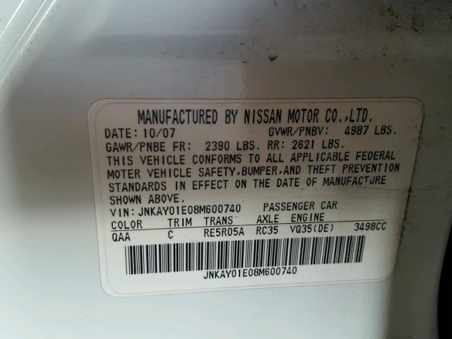 JNKAY01E08M600740 - 2008 INFINITI M35 BASE WHITE photo 10